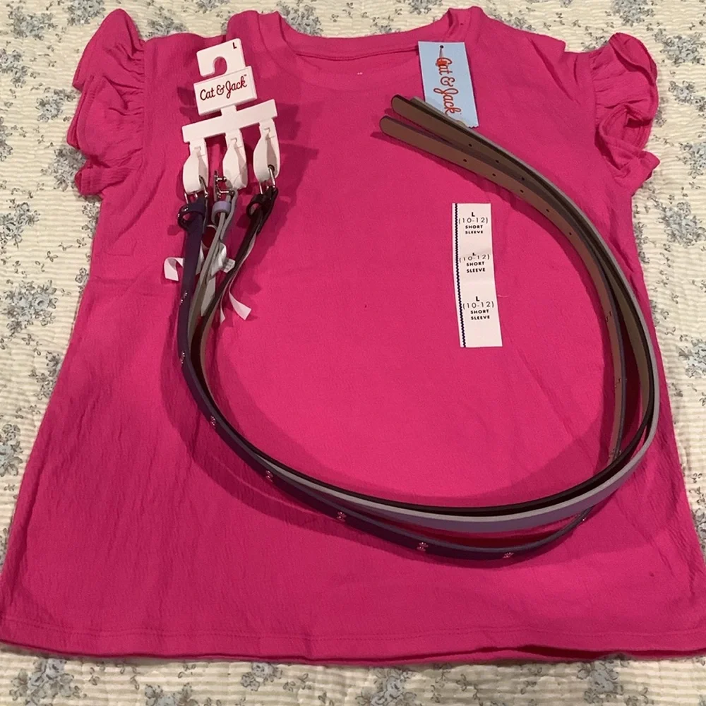 Cat & Jack Pink Shirt and 3 Belts NEW Size Large 10-12 Black Blue & Purple Belts